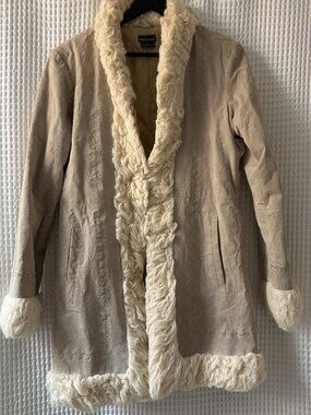 Wet Seal y2k penny lane tan suede fur-trimmed women's retro coat large [READ]